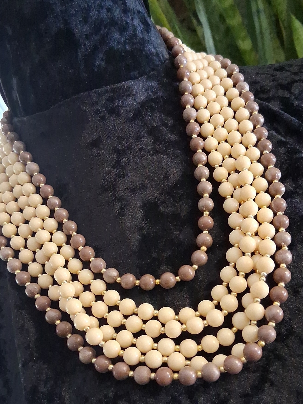 Vintage Layered Beaded Necklace in Cream and Brown 48 In Long ×3